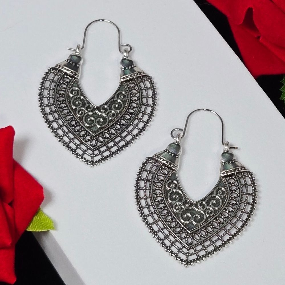 Tibetan Filigree Heart Hoop Earrings | Antique Silver Boho Gothic Vintage Style